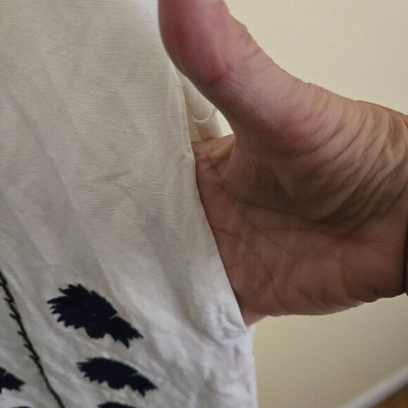 Tory Burch Floral Embroidered White Navy Linen Blend Designer Midi Dress Size M - Picture 7 of 11